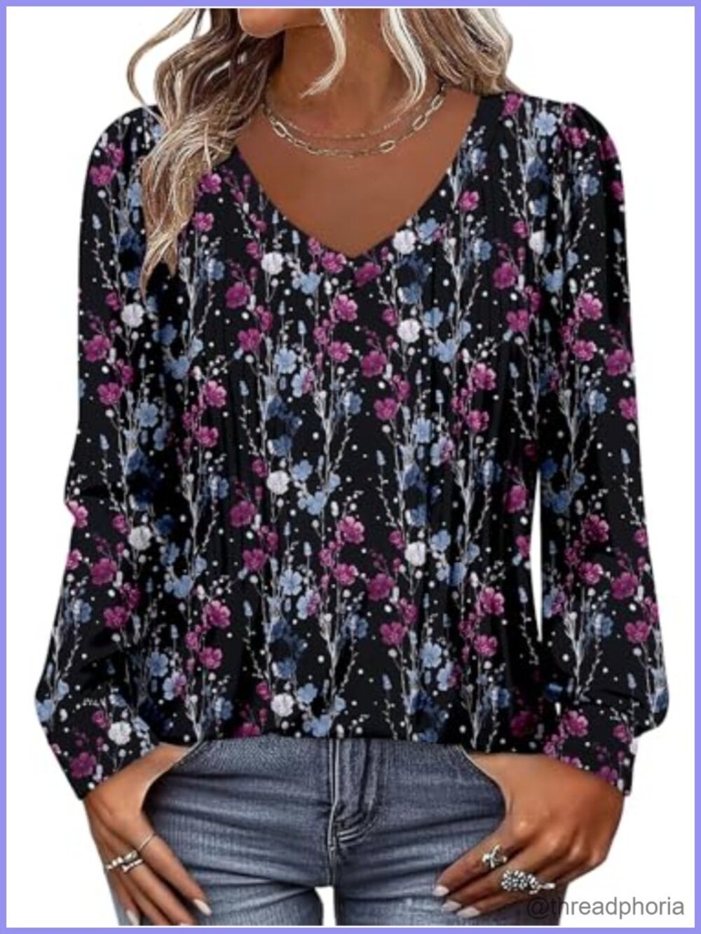 Womens Long Sleeve V Neck Tunic Top Puff Sleeve Boho Blouse